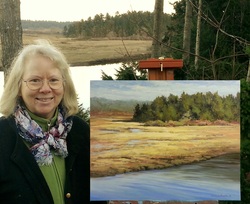 Artist, Patricia standing by her plein air painting of the Nanaimo River Estuary