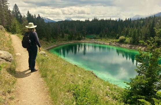 Hiking by emerald green waters in the valley of the five lakes, Jasper National Park
