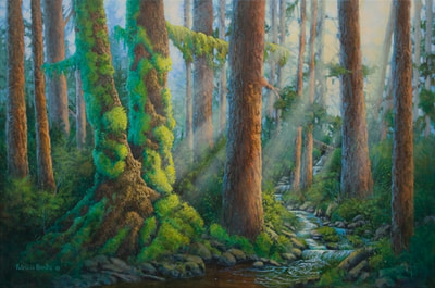 painting of temperate rain forest scene 