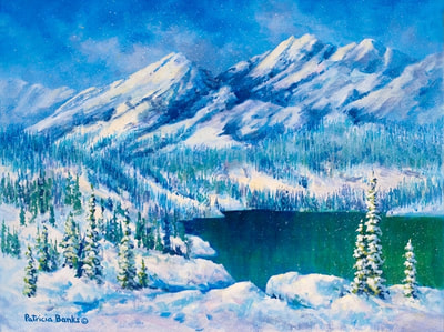 painting of winter scene in the mountains
